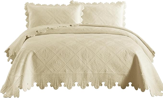 MarCielo 3-Piece 100% Cotton Oversized Bedspread Lightweight Quilt Coverlet Embroidery Farmhouse Bedding Set (Tk Beige Khaki, Oversized King (118"x106"))
