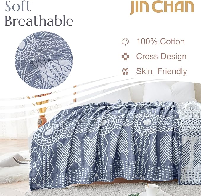 JINCHAN Boho 100% Cotton Muslin Blanket 3-Layer Twin Size Geometric Lightweight Reversible Soft Cozy Throw for Couch Sofa Bed All Season Coverlet Ideal Gift Bedroom Living Room Decor Blue 60x80 Inches