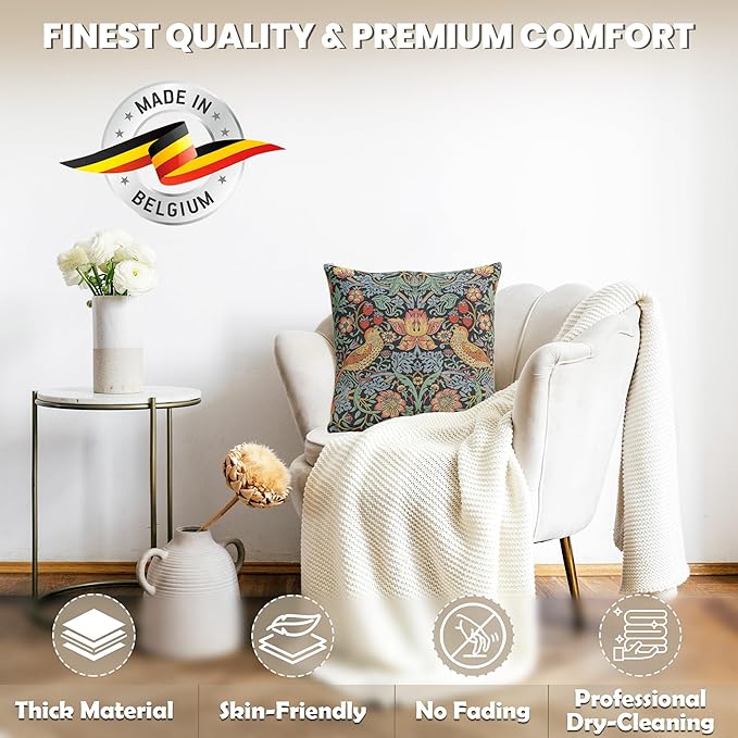 Charlotte Home Furnishings Throw Pillow Covers, Decorative Boho Pillow Covers for Couch, Living Room, Blue Strawberry Square Cushion Cases 18x18 in, European Cotton Jacquard Woven, Cozy Bedroom Decor