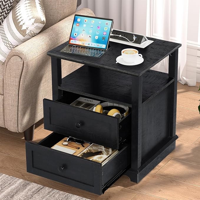 HIFYOBRO End Table with 2 Drawers and Charging Station, Type-C & USB Port & Power outlets, Wooden Storage Nightstand, Large Side Table with Storage for Living Room and Bedroom