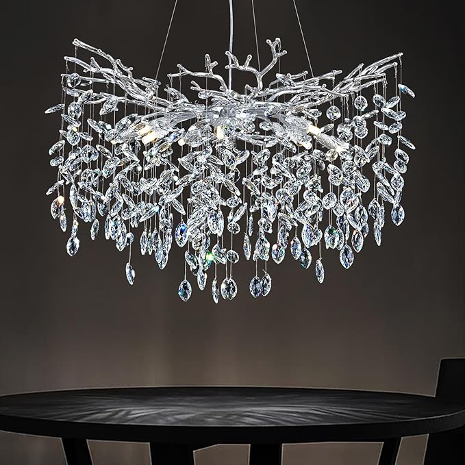 Modern Round Crystal Chandeliers, 30" Crystal Chandeliers for Dining Room,Silver Tree Branches Chandelier, for Living Room,High Ceiling,Foyer,Entryway,Kitchen Island