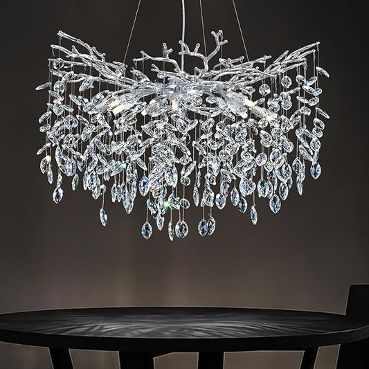 Modern Round Crystal Chandeliers, 30" Crystal Chandeliers for Dining Room,Silver Tree Branches Chandelier, for Living Room,High Ceiling,Foyer,Entryway,Kitchen Island