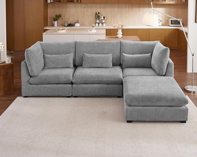 Oversized Modular Sofa, Extra Deep Cloud Chenille Sectional Couch with Ottoman Chaise, Fluffy Chenille 4 Seat L-Shaped Sofa for Living Room, Villa (L Shape 4 Seater, Chenille Grey)