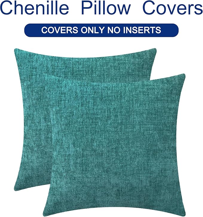 CaliTime Throw Pillow Covers Decorative 16 X 16 Inches Pack of 2 Cozy Chenille Cushion Cases for Couch Sofa Bed Living Room Home Teal