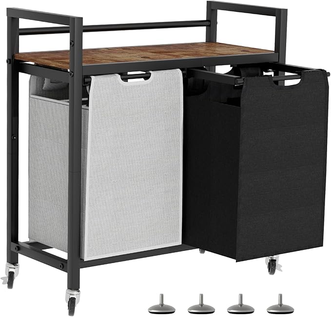Laundry Hamper, Laundry Basket, Laundry Sorter with 2 Removable Bags, Clothes Basket with 2 Compartments, Wheels, Shelf for Laundry Room Bathroom Bedroom (2 Bags-Black Grey)