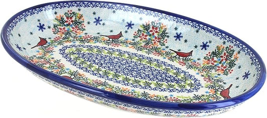 Blue Rose Polish Pottery Winter Cardinal Oval Platter