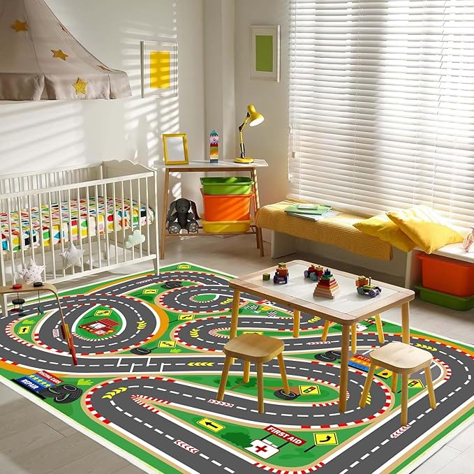 Kids Rug Play Mat Playroom Rugs Car Rugs for Kids Toy Cars Race Track for Classroom Rug(Race-Green, 6.6x9.9ft)