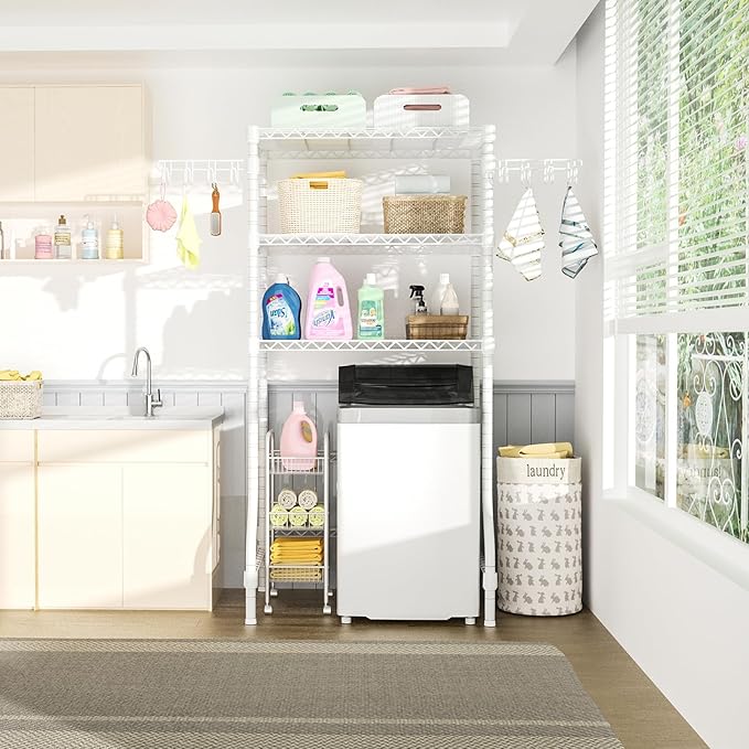 Ulif U8 Laundry Room Storage Organizer, Over The Washer and Dryer Storage Shelves for Laundry Organization, 35”W x 17.3”D x 76.2”H, Suit Washing Machine Width Within 32.6”, Hold 304 lb, White