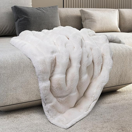 Mon Chateau Premium Reversible Luxury Faux Fur Throw for Couch, Sofa, or Bed - Plush Cozy Soft Blanket for Sleeping or Home Décor, 60" x 70" (Ivory)