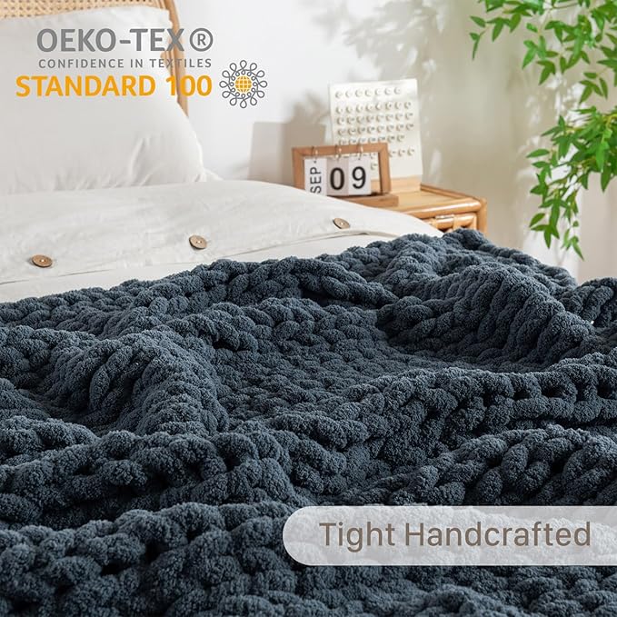 Chunky Knit Blanket Throw, 100% Hand Knit Throw Blanket Handmade Chenille Cable Knit Throw for Couch, Stylish Cozy Soft Rope Knot Crochet Blanket for Home Decor, Blue Mirage, 40x50 Inches