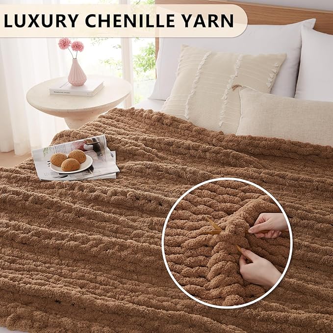 L'AGRATY Chunky Knit Blanket Throw - Soft Chunky Throw Blanket 30x40 inches: 100% Hand Kintted Chenile Crochet Throw Blanket for Couch - Large Cable Knit Chunky Blanket for Home Decor(Brown)