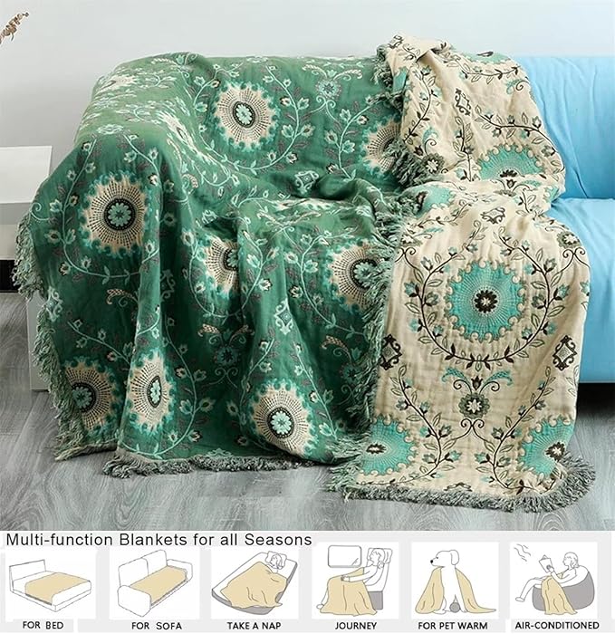 Boho Throw Blanket for Chair Couch Bed 90''x 98'', 100% Cotton Quilt Floral Mexican Blanket Muslin Gauze Blankets Super Soft Lightweight Versatile KnitWoven Bed Blanket for Home Decor