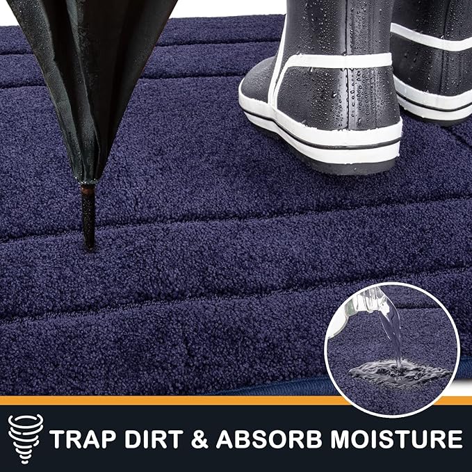 PURRUGS Dirt Trapping Door Mat 34" x 59", Non-Slip/Skid Machine Washable Entryway Area Rug, Dog Doormat, Super Absorbent Welcome Mat for Muddy Wet Shoes and Paws, Navy Blue