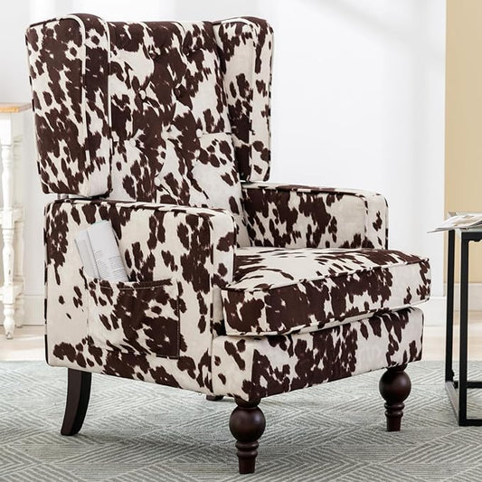 Mid-Century Accent Chair, Upholstered Arm Chair Linen Fabric Side Chair with High Back Solid Wooden Legs, Comfy Reading Chair for Living Room Bedroom, Milk Cow