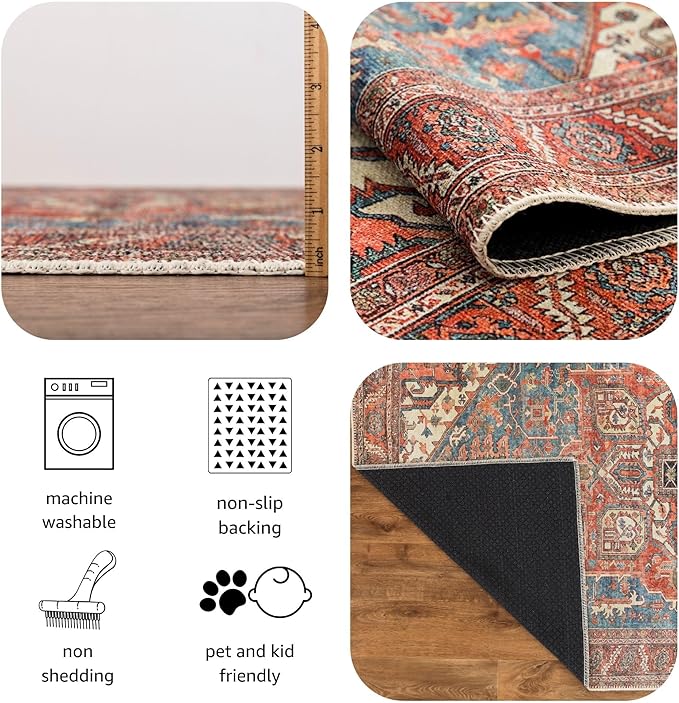 Keen Home Design 5x7 Rug - Machine Washable Area Rug with Non-Slip Backing, Ideal for Living Room, Dining Room, Bedroom - Vintage, Easy Clean, Durable, Low Pile Rug - (5' x 7')