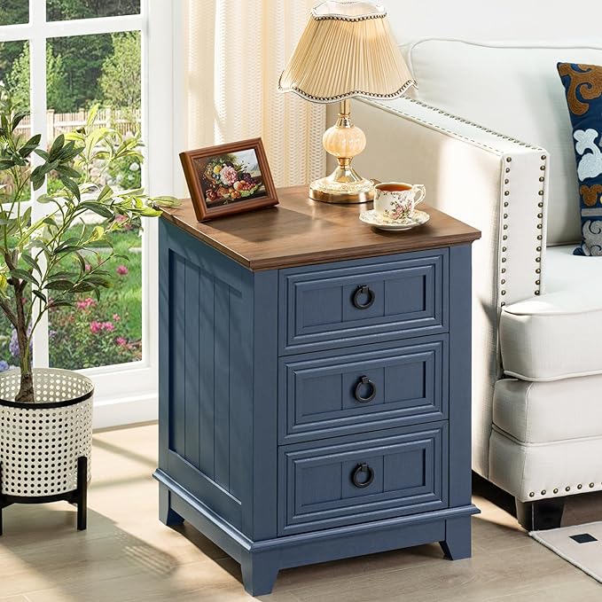 Night Stand Set of 2, Farmhouse 18" End Table with 3 Drawer Metal Handle, Dresser for Bedroom, Sofa Bed Side Table Chest of Drawers,Wood Nightstand Cabinet for Organizer, Living Room-Blue