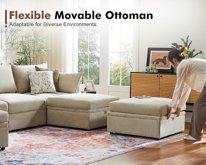 Luxury Modular Sectional Sofa, L-Shaped 3-Seat Couch with Storage Ottoman Deep Seat & Reversible Chaise Lounge Chenille Beige for Compact Spaces, Apartments, Dorm