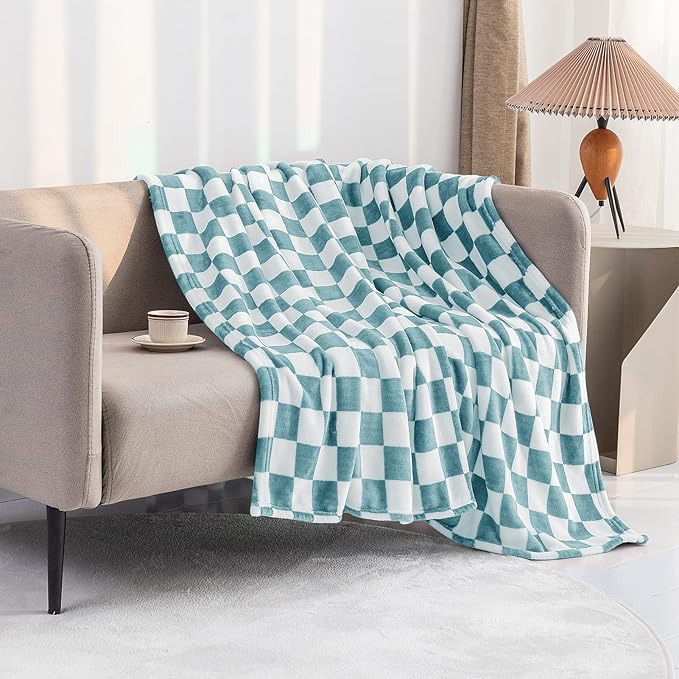 LOMAO Throw Blankets Flannel Blanket with Checkerboard Grid Pattern Soft Throw Blanket for Couch, Bed, Sofa Luxurious Warm and Cozy for All Seasons (Light Blue, 60"x80")