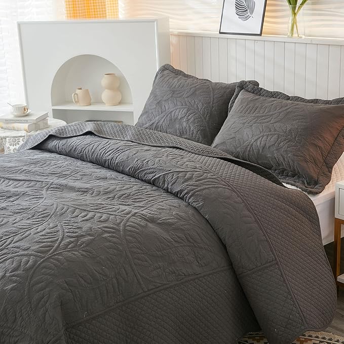 MarCielo 3-Piece 100% Cotton Oversized Bedspread Lightweight Quilt Coverlet Embroidery Farmhouse Bedding Set T0 (Dark Grey, Oversized King (118"x106"))