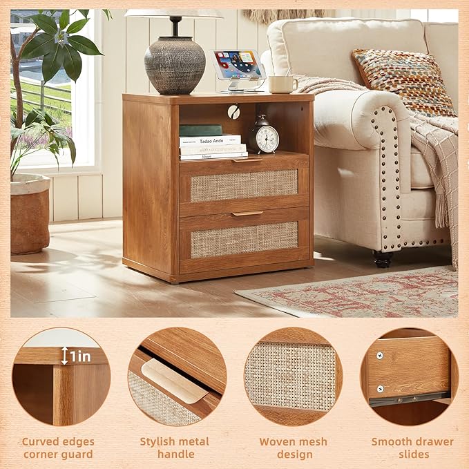 LEYAOYAO Boho Rattan Coffee Table and End Table Sets, 48" Wide Center Tables & 23" Night Stand with Charging Station Chest of Drawers, Brown Wood Coffee Table for Living Room 2 Piece Set