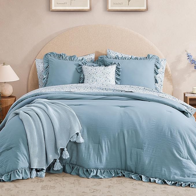 Queen Comforter Set - 7 Pieces Ruffle Blue Bedding Sets, Shabby Chic Farmhouse Bed in a Bag Queen with Ruffle Comforter, Floral Sheets, Pillowcases & Shams