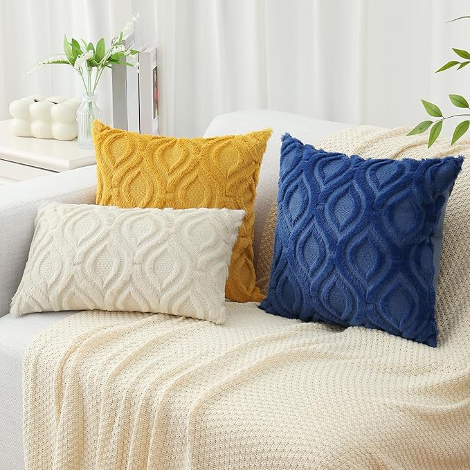 decorUhome Fall Throw Pillow Covers 24x24 Inch Set of 2, Soft Plush Decorative Faux Fur Dark Blue Solid Couch Pillow Covers, Accent Farmhouse Neutral Square Euro Pillow Cases for Sofa Bed Living Room