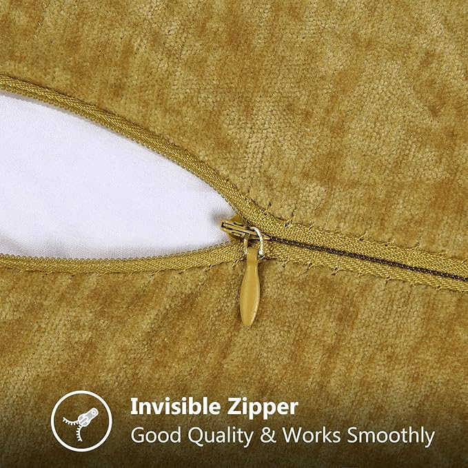 decorUhome Chenille Soft Throw Pillow Covers 20x20 Set of 2, Farmhouse Velvet Neutral Decorative Euro Pillow Covers with Stitched Edge for Couch Sofa Bed Home Decor, Mineral Yellow