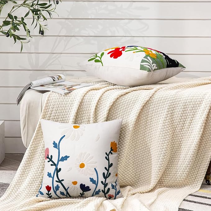 Merrycolor Embroidered Pillow Covers 18x18 Flower Pattern Decorative Throw Pillow Covers Comfortable Cotton Canvas Square Cushion Cases for Sofa Bed Living Room Decor