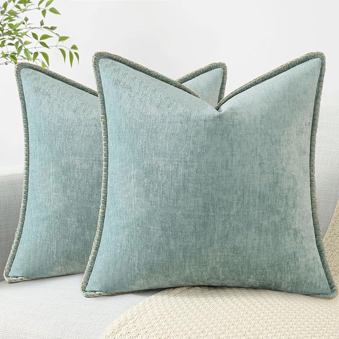 decorUhome Chenille Soft Throw Pillow Covers 20x20 Set of 2, Farmhouse Velvet Neutral Decorative Euro Pillow Covers with Stitched Edge for Couch Sofa Bed Home Decor, Aqua Haze