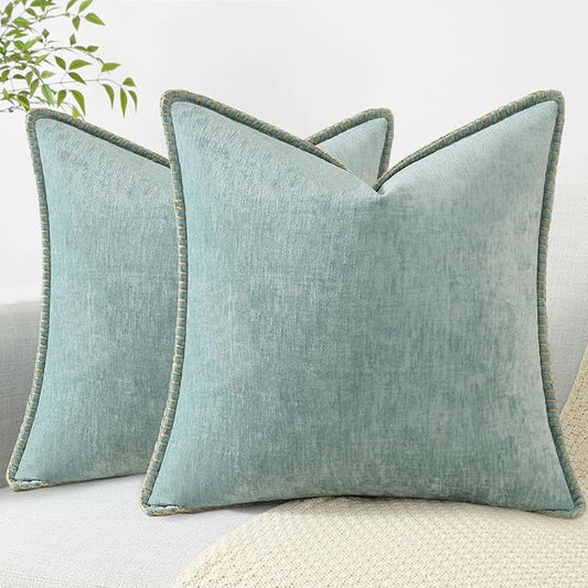 decorUhome Chenille Soft Throw Pillow Covers 24x24 Set of 2, Farmhouse Velvet Neutral Decorative Euro Pillow Covers with Stitched Edge for Couch Sofa Bed Home Decor, Aqua Haze