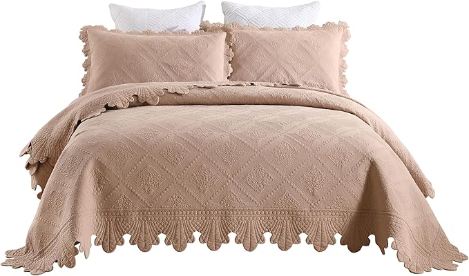MarCielo 3-Piece 100% Cotton Oversized Bedspread Lightweight Quilt Coverlet Embroidery Farmhouse Bedding Set (TK Pale Taupe Camel, Oversized Queen (100"x106"))