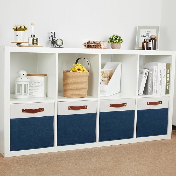 HNZIGE Fabric Storage Cubes Bins for Shelves,13x13 Storage Cubes, Set Of 4 Foldable Cubby Storage Bins for Organizing, Cloth Blue Storage Baskets for Cube Organizer Toy Nursery Shelves(Blue&White)