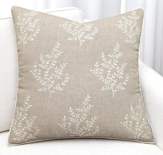 VAGMINE Embroidered Leaves Throw Pillow Cover - 20x20 Inches Square - 100% Linen Natural Throw Pillowcase - Elegant Neutral Leaf Design - Minimalist Rustic Home Accent for Sofa, Bed, Couch, Lounge