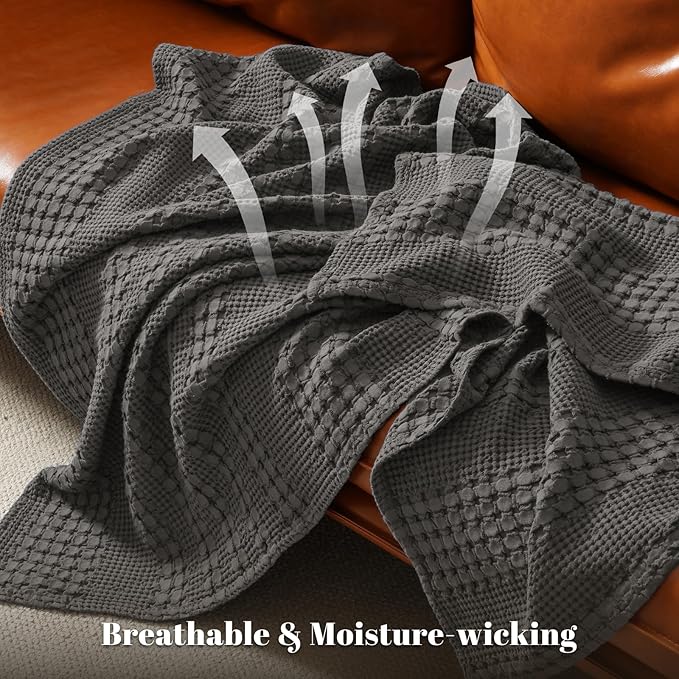 PHF 100% Cotton Waffle Weave Blanket Twin Size, Soft Lightweight Breathable Cozy Summer Blankets for Bed, Luxury Aesthetic Woven Bedding for Home Decor, 66"x90", Charcoal Grey