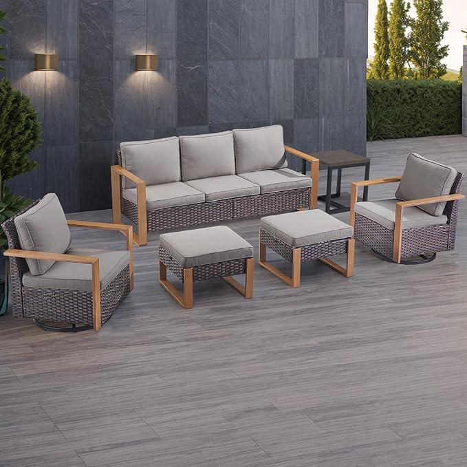 Outdoor Wicker Patio Furniture Set - 6 Piece Patio Conversation Set with 2 Wicker Swivel Rocker Chairs,2 Rattan Ottoman,1 Side Table and 1 Couch,Thick Cushions,Deep Seating(Brown/Grey)