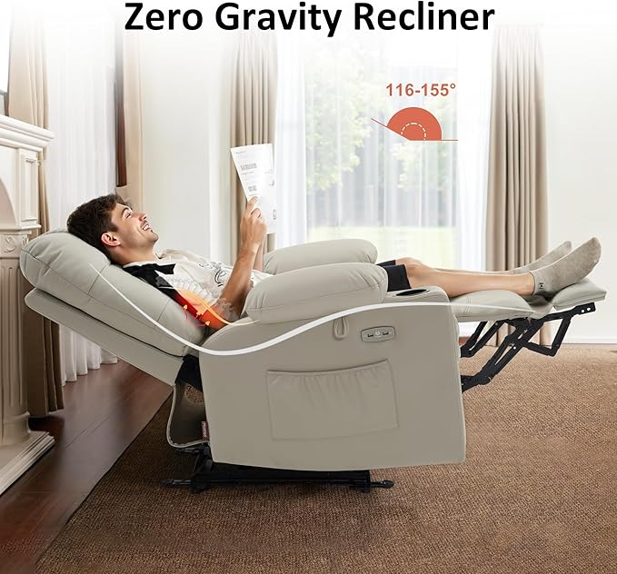 MCombo Zero Gravity Power Recliner Chair with Heat and Vibration Massage, Reclining Chair with USB Ports, Cup Holders for Living Room, Faux Leather PR621 (Light Grey)