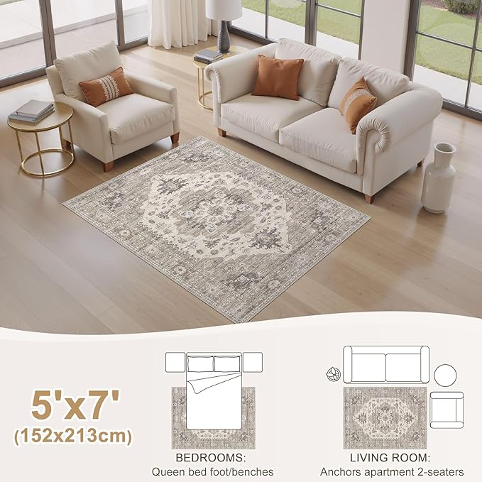 Washable Area Rugs for Living Room - 5x7 Neutral Vintage Distressed Floral Farmhouse Boho Large Soft Floor Rug Indoor Non Slip Carpet for Living Room Bedroom Dining Room Office -Brown/Beige