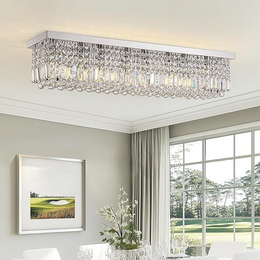 Modern Crystal Chandelier, 8-Lights Rectangle Chandelier Rectangular Flush Mount Pendant Ceiling Light Fixture K9 Crystal Raindrop Chandeliers for Dining Living Room Kitchen Island 𝐋𝟒𝟎 𝐈𝐧𝐜𝐡