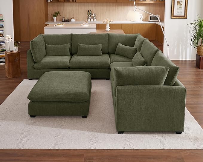 Oversized Modular Sofa, Extra Deep Cloud Chenille Sectional Couch with Ottoman Chaise, Fluffy Chenille Corner V Shape Sofa for Living Room, Villa (Corner V Shape+Ottoman, Chenille Green)