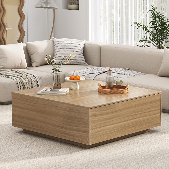43” Square Coffee Table with Storage, 43" D x 43" W x 17" H Modern Large Square Center Table with 2 Drawers, Wood Coffee Table for Living Room, Light Brown,Bedroom,Light Brown