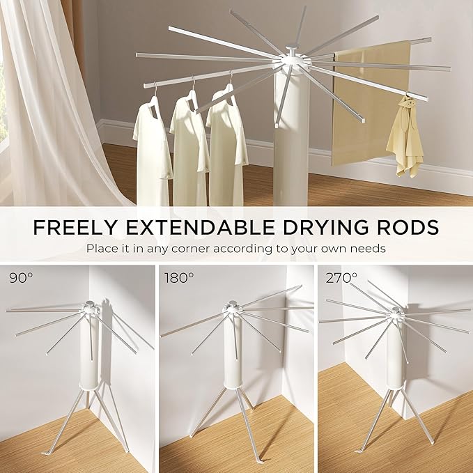 Tripod Clothes Drying Rack, Garment Rack Portable and Foldable Space Saving Laundry Drying Rack - Dryer Rack Clothing Floor Folding Balcony Bedroom Household (Silver(Aluminum), 12 rods)