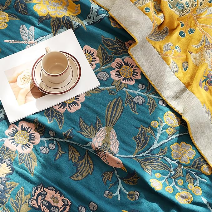 Boho Muslin Blanket for Adults 4-Layer Gauze 80 x 90 Inches Soft Cozy 100% Cotton Summer Cooling Blanket Floral Decor for Sofa Bed Coverlet Both Sides (Flowr Branch Teal, 80 x 90 in)