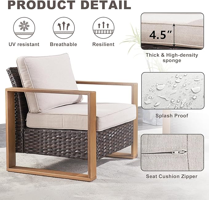 Outdoor Wicker Patio Furniture Set - 5 Piece Patio Conversation Set with 2 Wicker Armrest Chairs,2 Rattan Ottoman and 1 Couch,Sturdy Frame,Thick Cushions,Deep Seating(Brown/Beige)