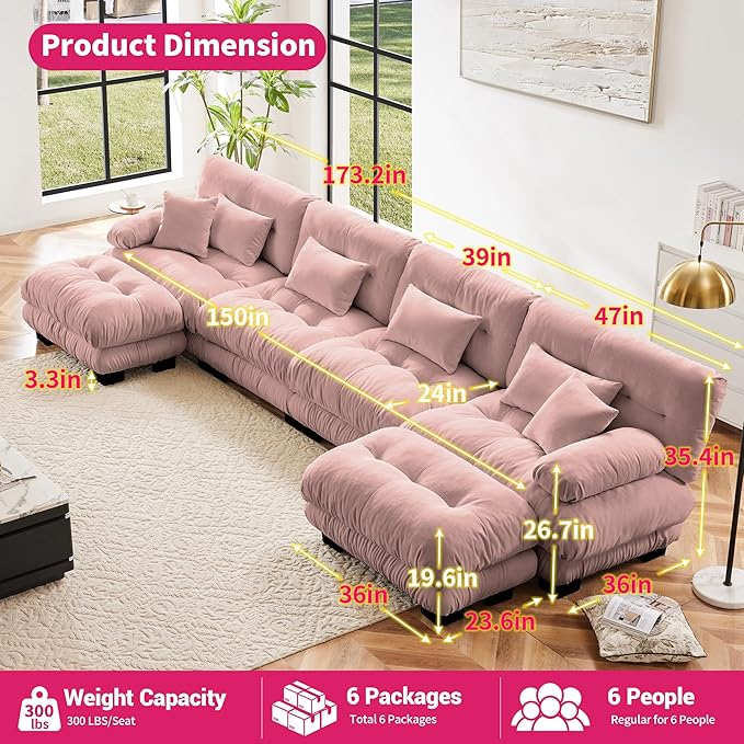 U Shaped Couch Sectional Couch, 4-Seater Cloud Couch Sectional Oversized Couch, Sofa Bed Couch with Round Bolster Armrests 6 Pillows, Modular Couch Home Sofa Living Room Couch(Pink)