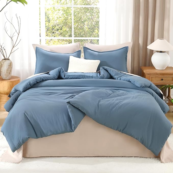 Litanika King Comforter Set Grayish Blue, 3 Pieces Lightweight Solid Bedding Comforter Set, All Season Fluffy Bed Set (104x90In Comforter & 2 Pillowcases)