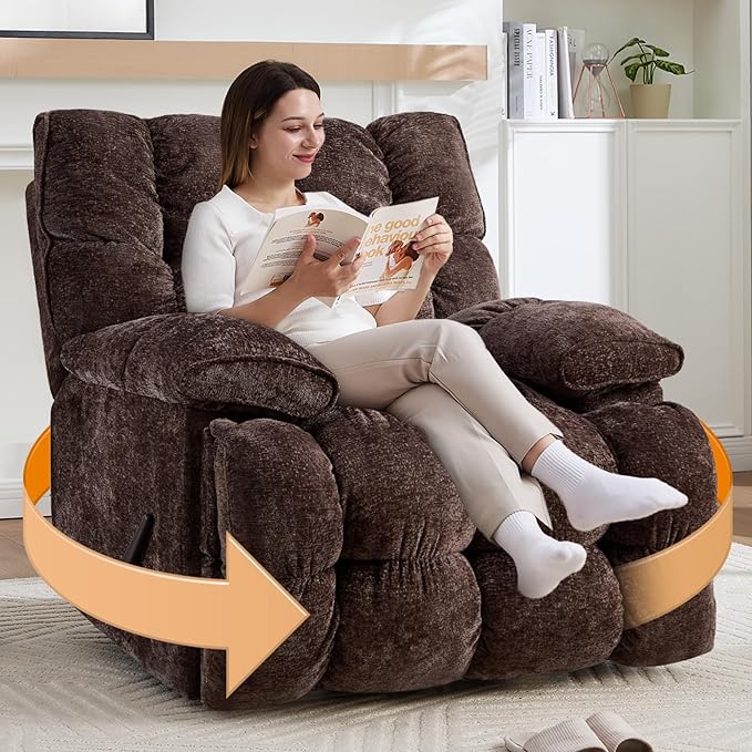 Oversized Recliner Chair Manual Swivel Rocker Recliner for Living Room Chenille Overstuffed Nursery Reclining Sofa Chair Rocking Recliners for Adults 400lbs (Manual, Brown)