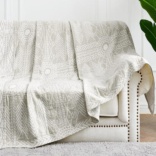 JINCHAN Boho 100% Cotton Muslin Blanket 3-Layer Queen Size 80x90 Inches Geometric Light Grey Lightweight Reversible Soft Comfy Throw for Couch Sofa Bed Coverlet Quilt Large Blanket Bedroom All Seasons