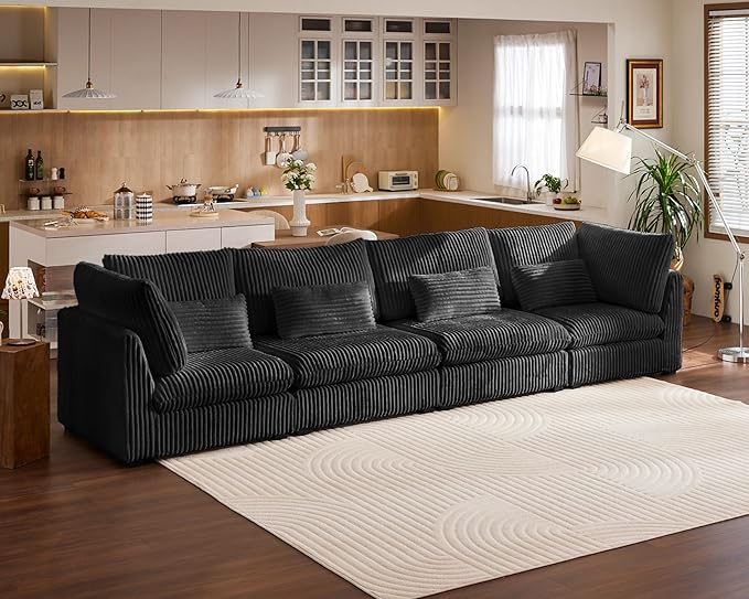 Oversized Modular Sofa, Extra Deep Cloud Corduroy Sectional Couch with Ottoman Chaise, Fluffy Chenille 4 Seater Sofa for Living Room, Villa (Basic 4 Seater, Corduroy Black)