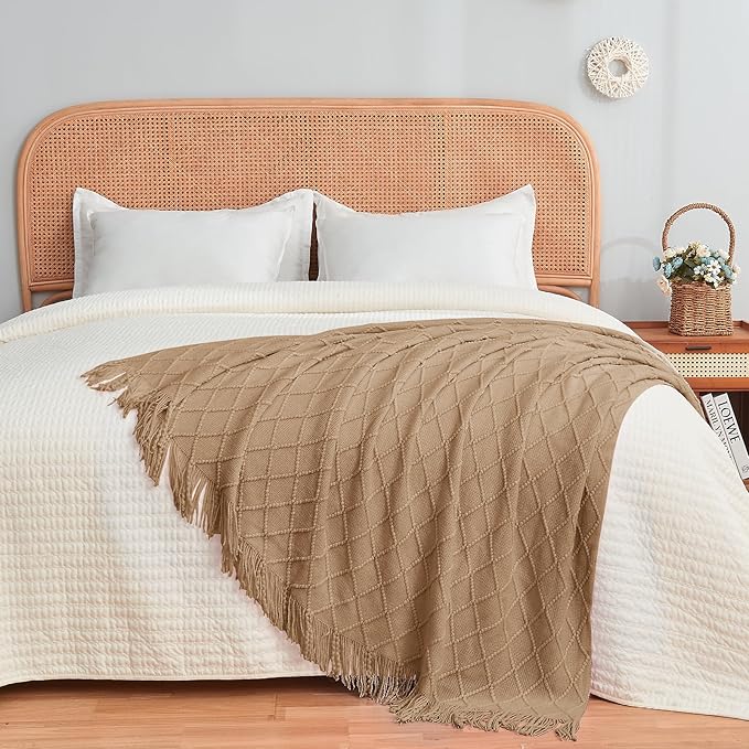 inhand Knitted Throw Blankets for Couch and Bed, Soft Cozy Knit Blanket with Tassel, Khaki Lightweight Decorative Blankets and Throws, Farmhouse Warm Woven Blanket for Men and Women, 50"x60"