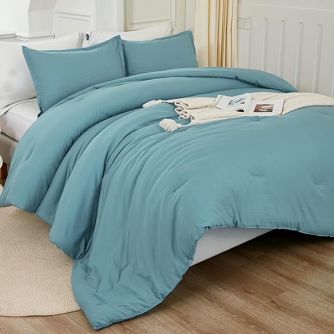 Litanika Comforters Grayish Teal Oversized Queen Size, 3 Pieces Lightweight Solid Bedding Comforter Set, All Season Fluffy Bed Set (98x98In Comforter & 2 Pillowcases)